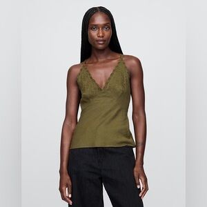 GAP Linen-Blend Embroidered Halter Top Olive Green M
